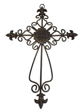 Decorative Wall Cross With Fleur-De-Lis Accents Bronze Finish Scrollwork Design